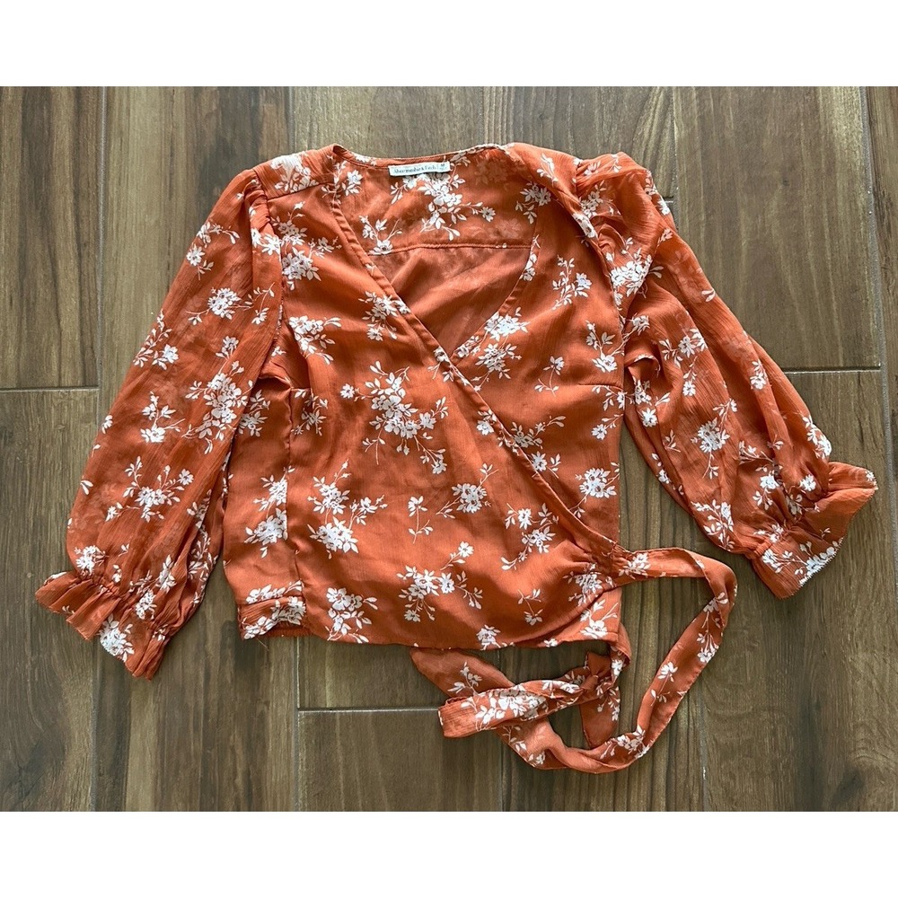 Abercrombie & Fitch Rust Floral‎ Wrap Top V-Neck Ruffle Sleeve Chiffon Blouse M